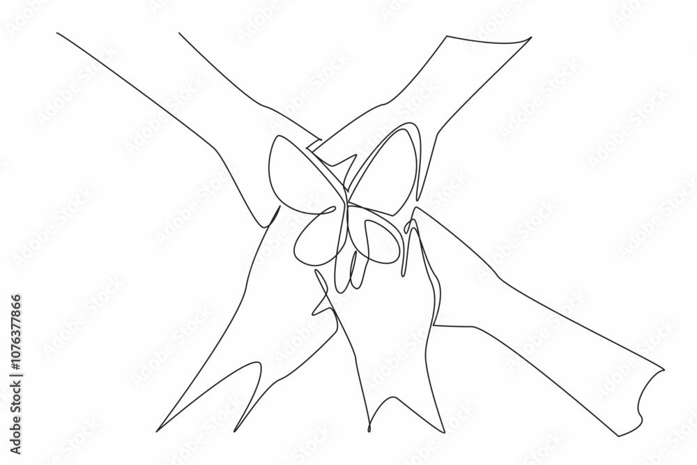 Poster single continuous line drawing five hands with different skin colors stacked on top of each other. m