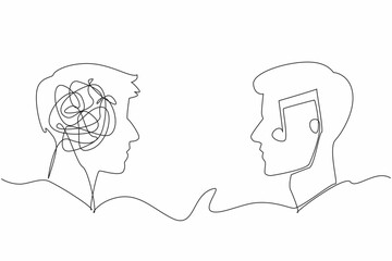 Single one line drawing two head silhouettes with crumpled circle fill and tones. Music can bridge divides. Clash of perspectives. World Music Therapy Day. Continuous line design graphic illustration