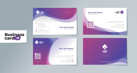 A set of double-sided business card templates with abstract transparent wave curves on a purple and white background