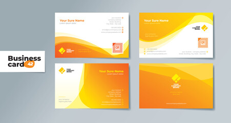 Set of double sided business card templates with abstract transparent wave curves on orange and white background