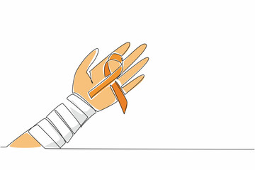 Single one line drawing campaign ribbon on palm with arm wrapped in bandage. Resilience and hope in the face of illness. Survivor. Self-Injury Awareness Day Continuous line design graphic illustration