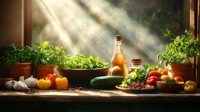 Sunlit Array of Fresh Herbs and Vegetables in a Rustic Culinary Setting