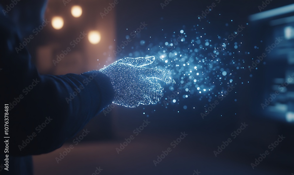 Poster A glowing, digital hand emits particles of light, symbolizing advanced technology and interaction in a futuristic environment.