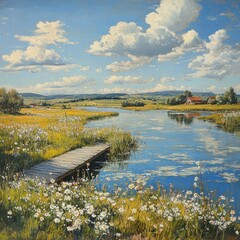 A Wooden Footbridge Over a Calm River in a Rural Landscape with a Farmhouse in the Distance
