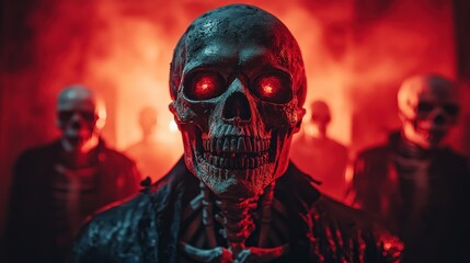Creepy skeletons with glowing eyes in a dark, eerie setting.