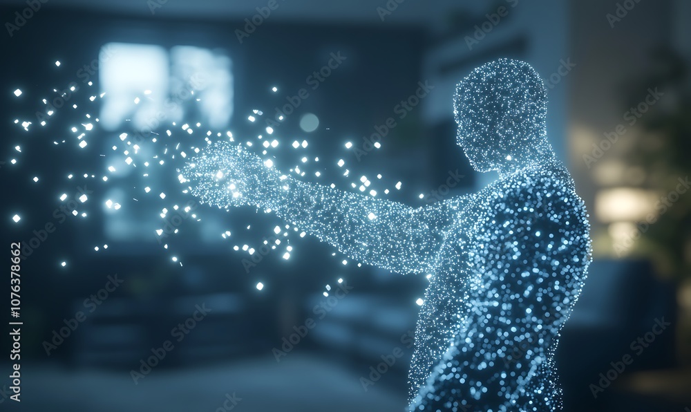 Poster a glowing, holographic figure appears to manipulate sparkling particles, set in a modern, softly lit