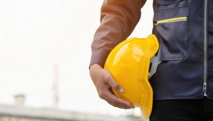 Fototapeta premium A construction worker holding a yellow safety helmet on a job site.