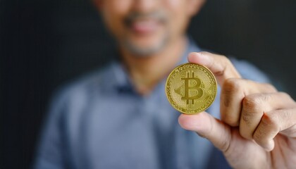 A man proudly holding a gold Bitcoin, symbolizing cryptocurrency investment and finance.