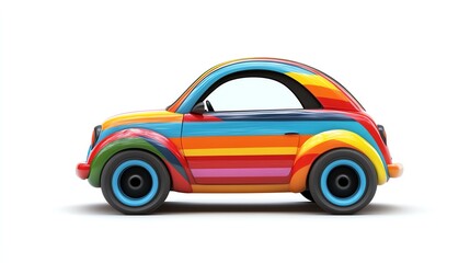 a 2D cartoon illustration of a colorful toy car with racing stripes, fast and fun, white background--ar 16:9