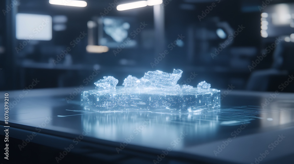 Aufkleber a futuristic holographic representation of ice, displayed on a sleek surface in a high-tech environm