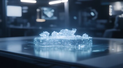A futuristic holographic representation of ice, displayed on a sleek surface in a high-tech environment.