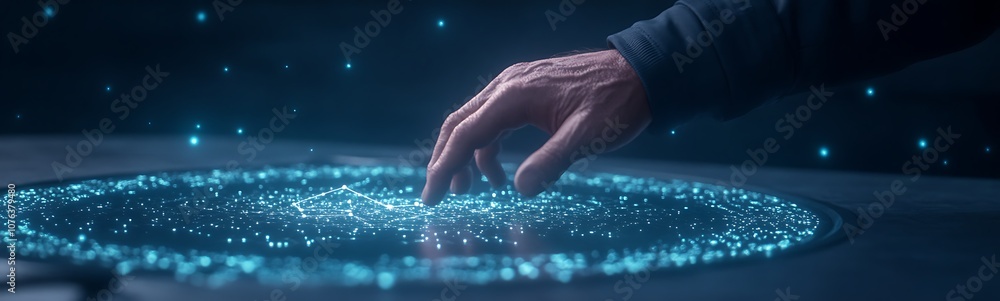 Poster a hand reaches out to touch a glowing, starry surface, emanating a sense of wonder and connection to