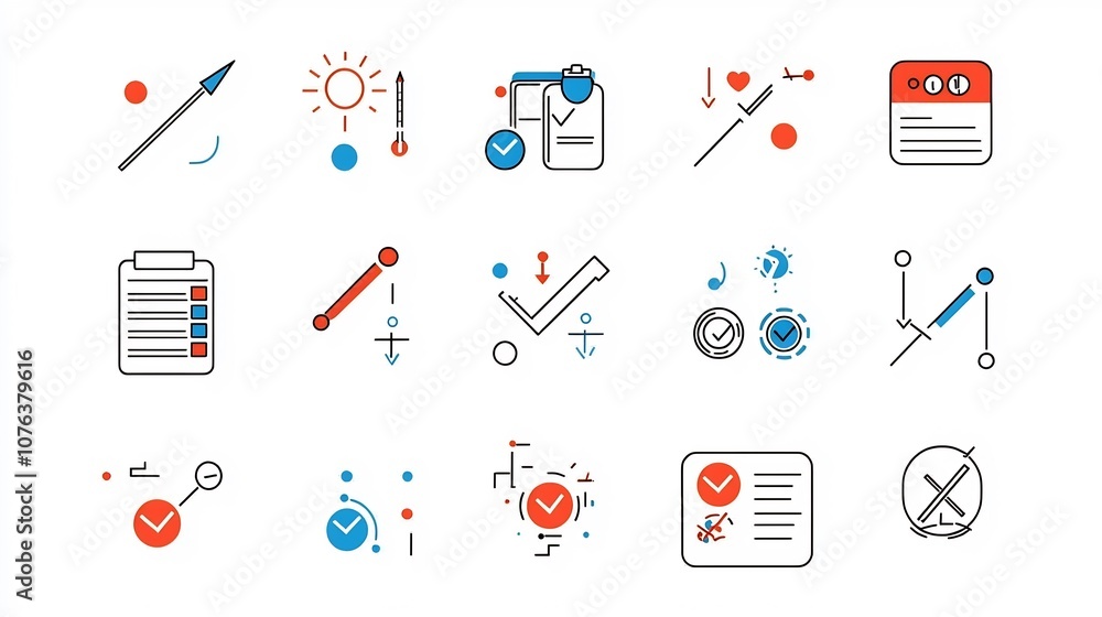 Poster collection of 15 linear icons focused on decision making featuring symbols for yes or no options rad