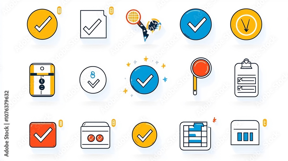 Poster Collection of 15 simple linear icons focused on decision making concepts featuring symbols for yes or no options radio buttons and checklists in a minimalist style