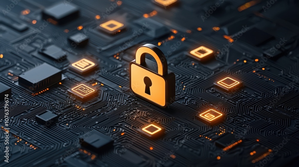 Poster a digital lock symbolically represents cybersecurity on a circuit board, emphasizing the importance 