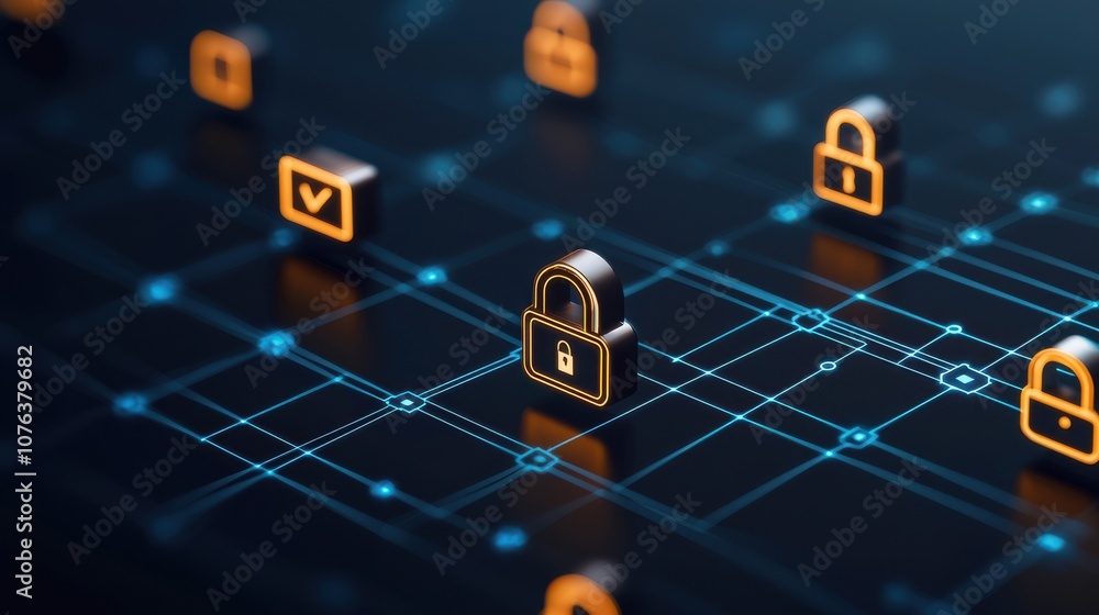 Poster the image illustrates a digital security theme featuring glowing locks and data points on a network 