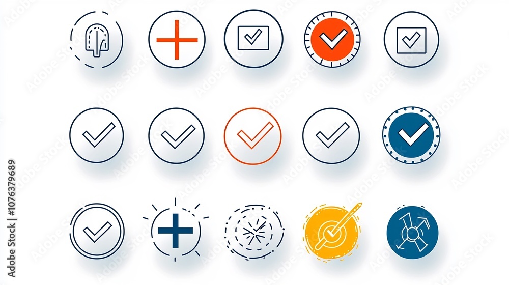 Poster Set of 15 Outline Icons Representing Choice Elements Such as Check Marks Cross Symbols and Selection Boxes for Clean and Minimalist Web and App User Interface Design