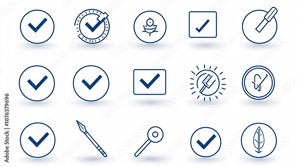 Poster Set of 15 clean and minimal outline icons representing various choice and selection elements such as checkboxes checkmarks cross symbols and other UI indicators  with editable stroke