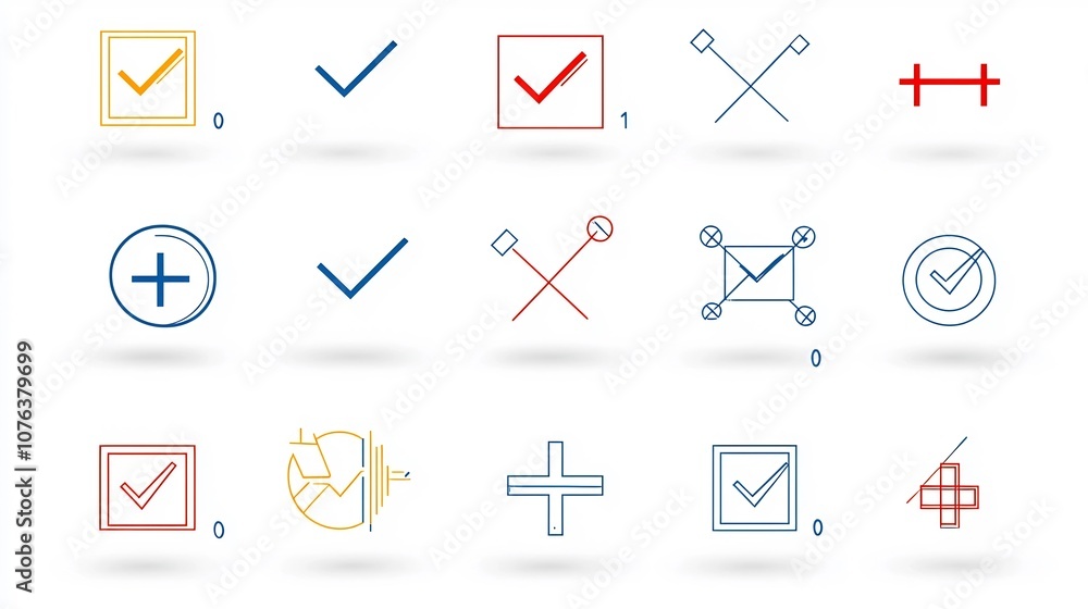 Poster Set of 15 outline icons representing various choice and selection elements such as check marks cross symbols and checkboxes  Clean with editable stroke for web app and user interface design