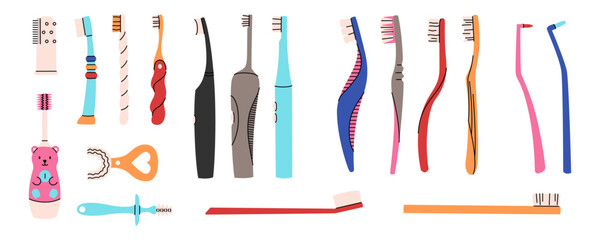 Set of oral hygiene products. Different toothbrushes. Children's and adult teeth cleaning accessories. Colorful vector set isolated on a white background