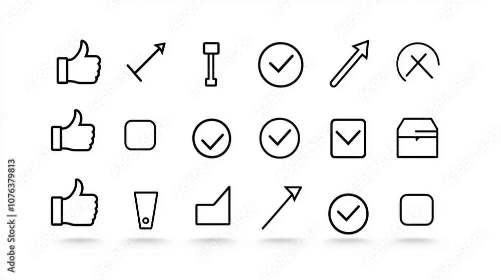 Poster Outline icon set of 15 symbols for decision making voting and selection including thumbs up thumbs down selection pointers and voting icons  style with editable stroke for digital user interfaces