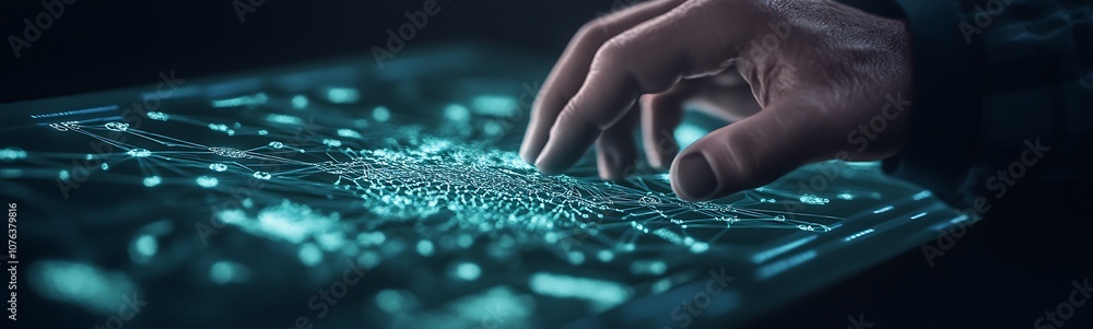 Poster A futuristic hand touches a glowing digital interface, showcasing advanced technology and visual data interaction.