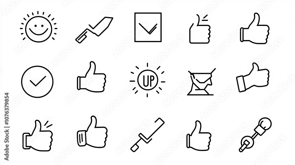 Aufkleber comprehensive outline icon set featuring 15 symbols for decision making processes including thumbs u