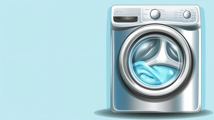 Abstract Advertising Background Featuring a Modern Silver Washing Machine in an IoT Context, Set Against a Clean Light Blue Background with Ample Copy Space, Showcasing a Perfect Composition that Embo