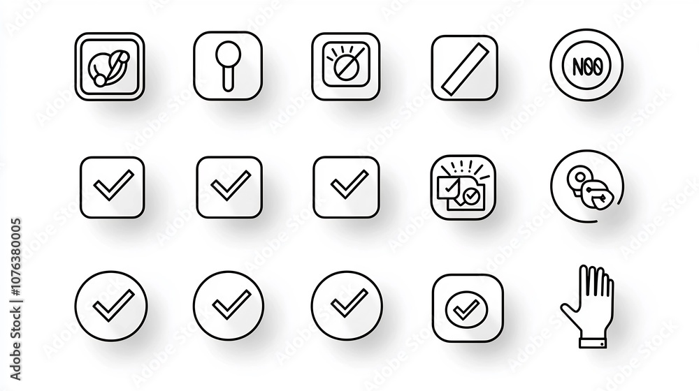 Aufkleber Collection of 15 Minimalist Outline Style Icons Focusing on YesNo Buttons Multi Choice Boxes and Hand Clicks for Digital User Interface and Web App Design