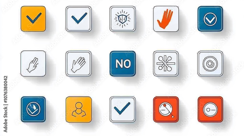 Poster Collection of 15 choice icons in outline style focusing on yes or no buttons multi choice boxes and hand click interactions in a minimal design