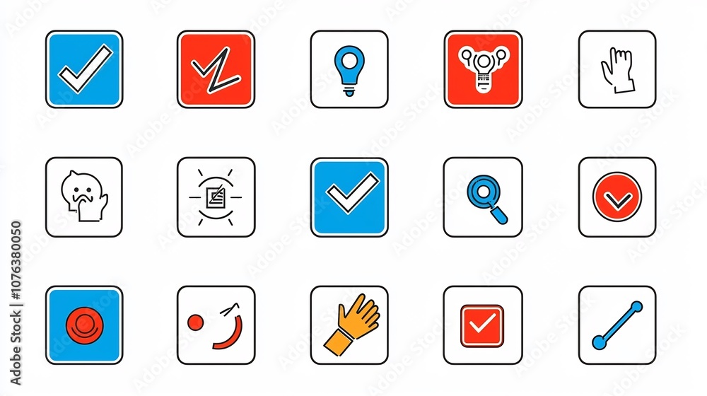 Fototapete A collection of 15 carefully crafted outline style icons focused on yesno buttons multi choice boxes and hand click gestures