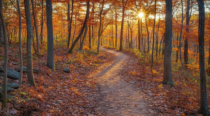 Obraz premium Ethereal Autumn Scene with a Winding Forest Trail, Sunlight Streaming