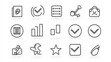 Outline icon set of 15 symbols representing preferences and choices including star ratings selection bars and priority marks in a clean style with editable strokes
