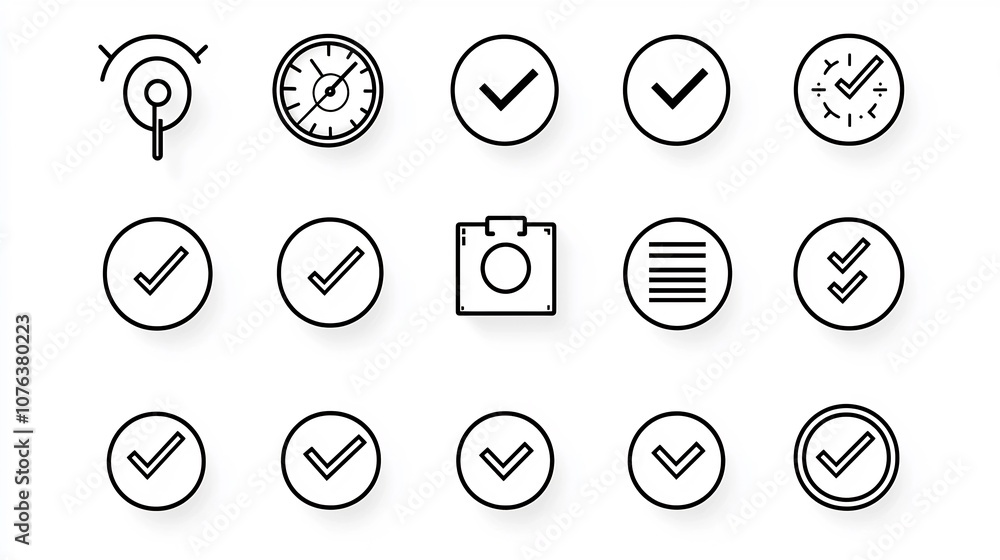 Poster Set of 15 thin line icons for choice options featuring highlighted circles tick marks and option lists vector These icons can be used in user interfaces web designs mobile apps