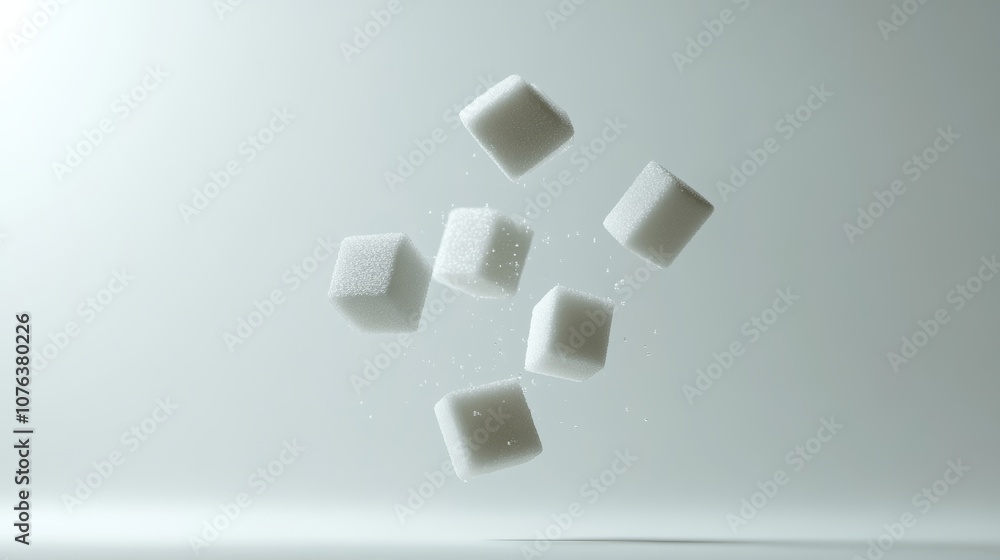 Poster six sugar cubes are falling and dissolving, representing the concept of sugar reduction, no added su