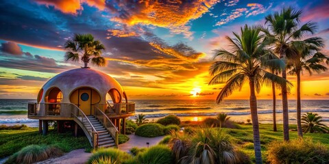 Architectural Photography of a Unique Moon Hut at Cocoa Beach Surrounded by Lush Palm Trees and Vibrant Sunset Skies, Capturing Coastal Serenity and Creative Design Elements