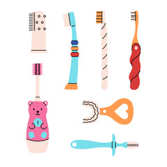 Set of different toothbrushes for kids. Children's teeth cleaning accessories. Electric and silicone toothbrushes. Colorful vector set isolated on a white background