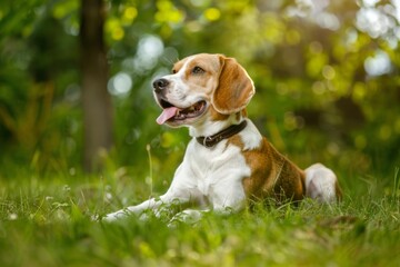 A beagle relaxes on vibrant green grass, basking in the sunlight. Its expressive eyes and playful demeanor reflect the joy of a carefree moment in nature.