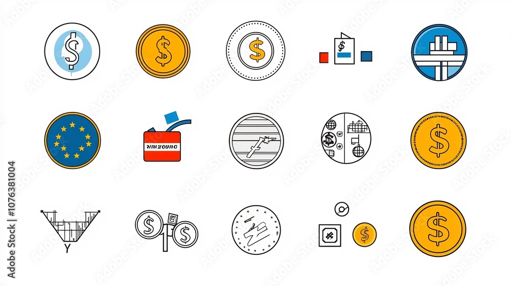 Leinwandbilder collection of 15 minimal linear icons focused on various currency symbols including dollar euro and 