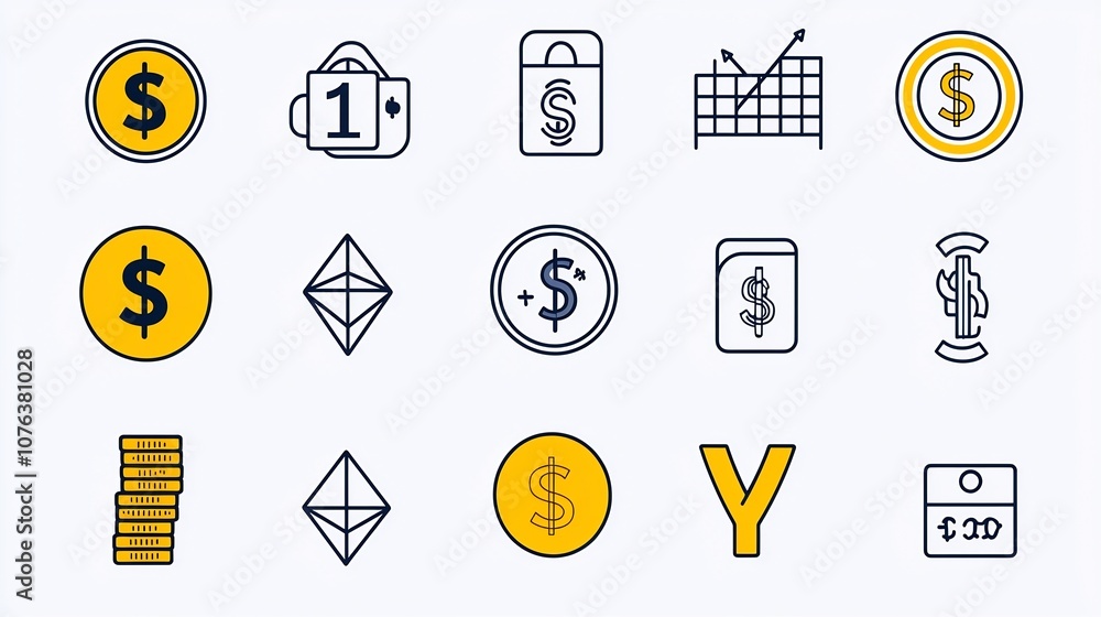 Poster Collection of 15 minimalist linear icons focused on various currency symbols including dollar euro and yen coins featuring a simple line style design for use in financial banking