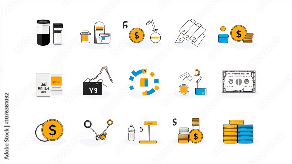 Poster minimalist collection of 15 linear icons focused on coins dollars euros and yen symbols in a simple 