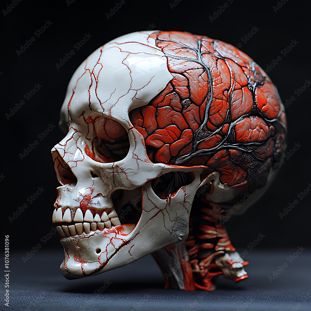 Poster highly detailed human skull showcasing intricate vascular structures and realistic textures, emphasi