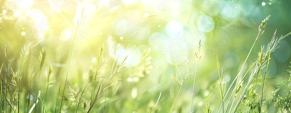 Poster spring meadow with tall grass, blurred background, sunlight rays, and bokeh in a banner format. -