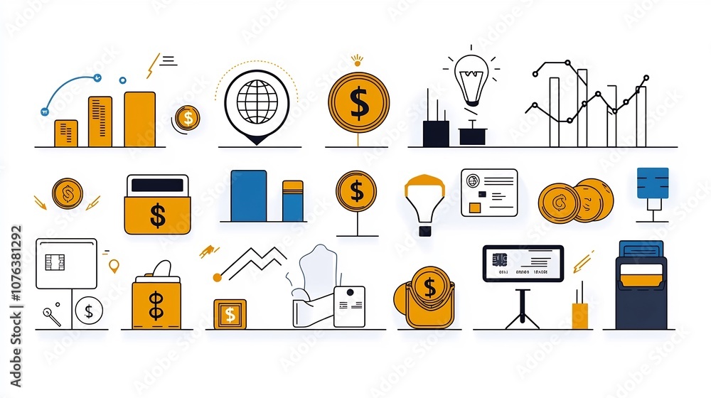 Poster set of 15 thin line icons for digital coin usage payment symbols coin wallets and financial growth c
