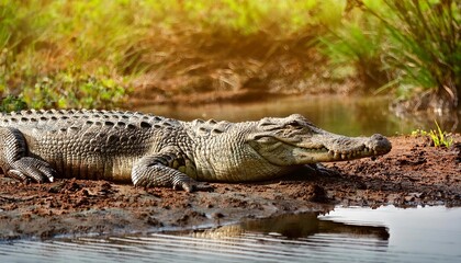 Obraz premium The saltwater crocodile is a crocodilian native to saltwater habitats and brackish wetlands from India's east coast across Southeast Asia and the Sundaic region to northern Australia and Micronesia.