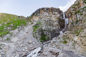 Beautiful himalayan mountain landscape in the evening with melting glaciers at lahaul, gramphu-batal-kaza road himachal pradesh, India.
