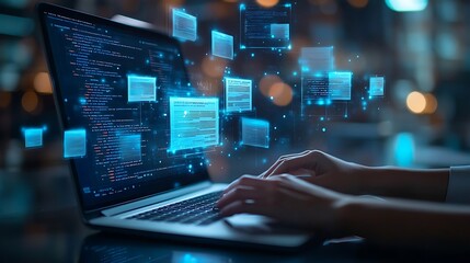 Digital document and hands typing on a laptop on table