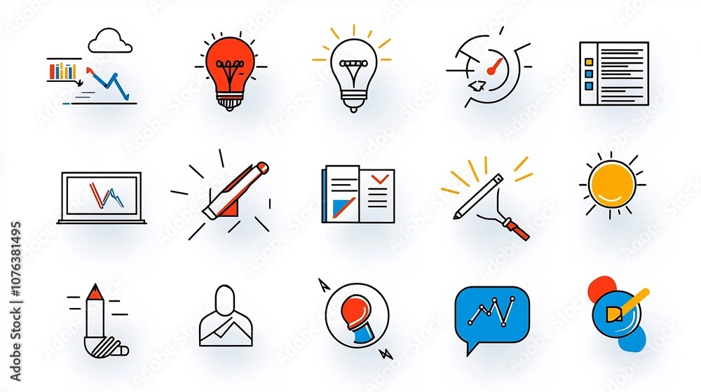 Poster set of minimal linear icons focused on team workflow management depicting other aspects of effective
