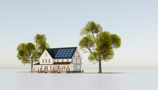3D rendering house with solar panels on rooftop