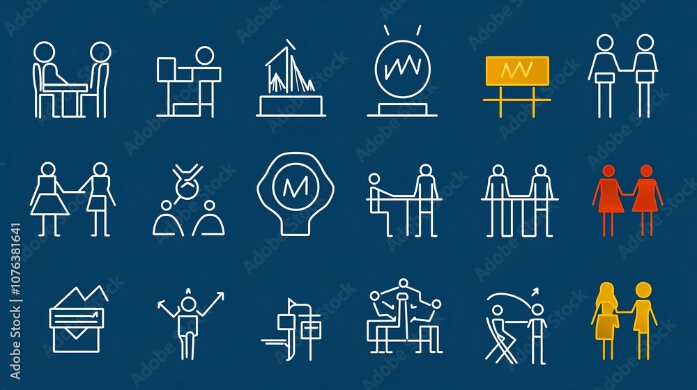 Poster Set of 15 Outline Icons Representing Teamwork Group Support Symbols in Clean with Editable Stroke